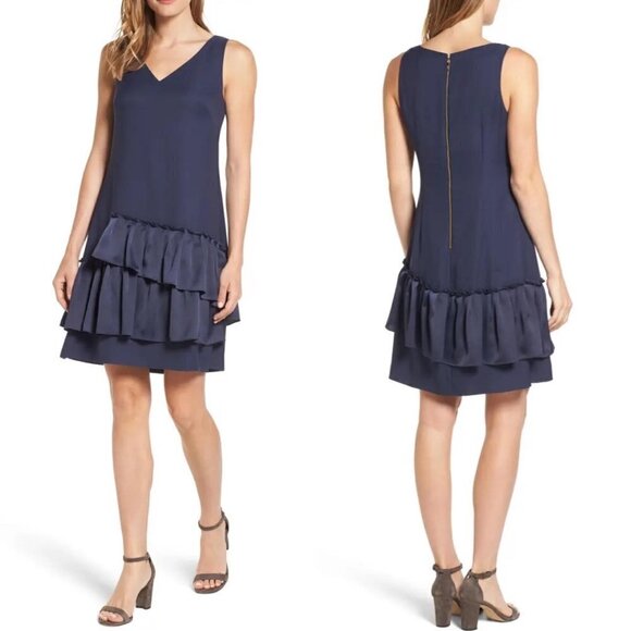 Eliza J Navy Blue Asymmetrical Pleated Fit Flare Crepe Vneck Shift Dress Size 2P - Picture 1 of 8